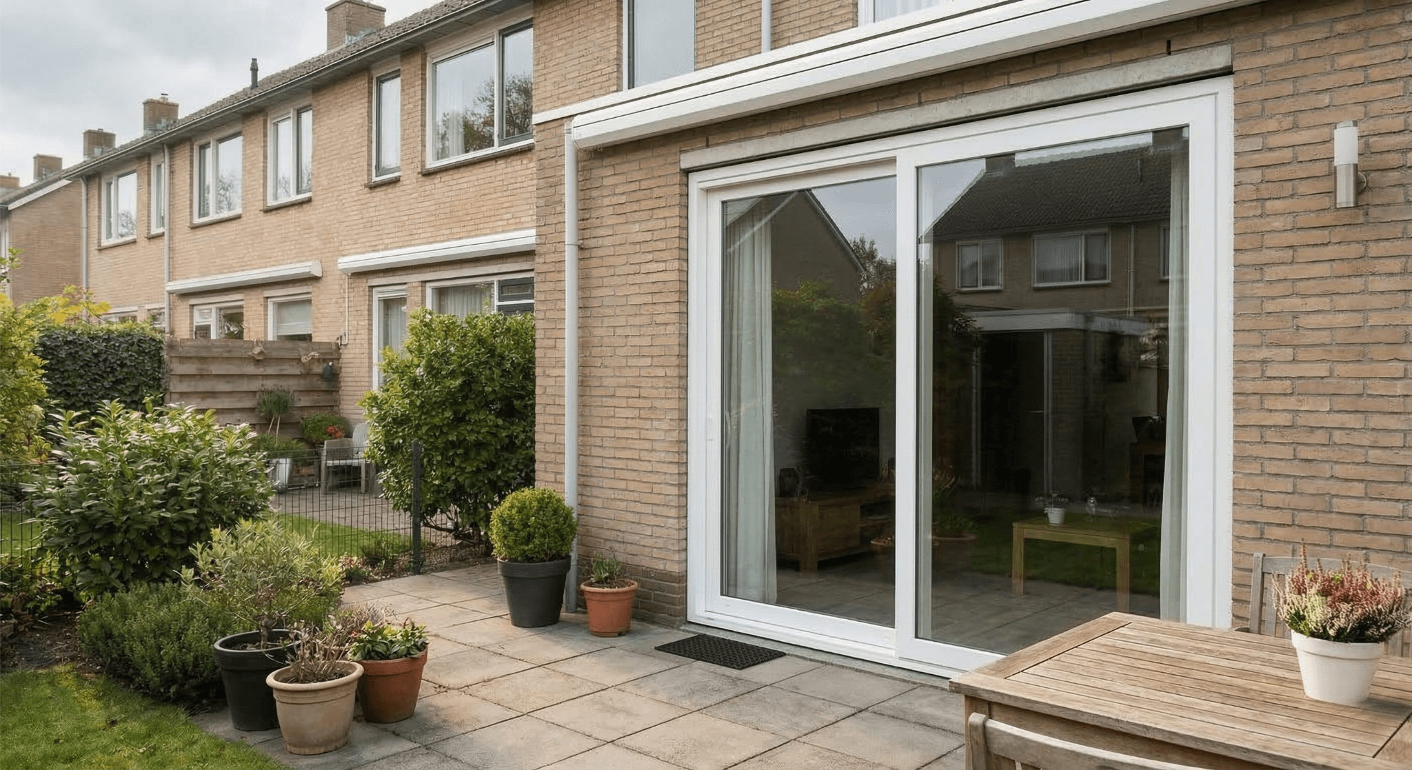 Witte aluminium schuifpui aan achtergevel – RAL 9016