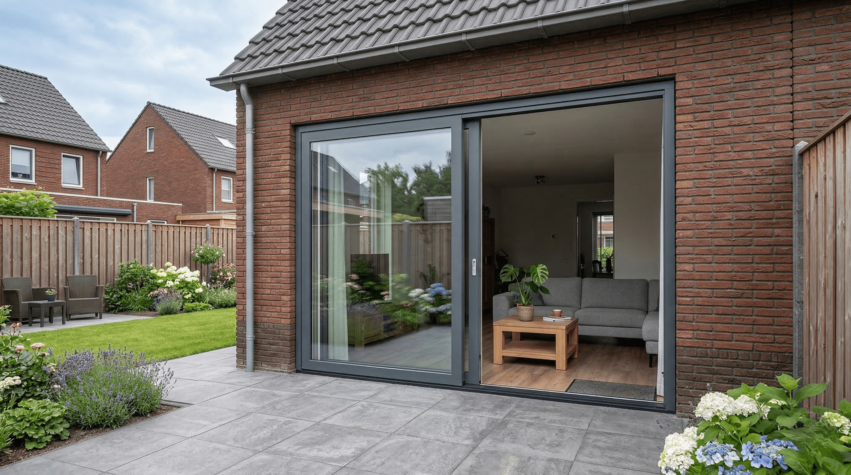 2-delige aluminium schuifpui in antraciet, zichtbaar vanuit woonkamer