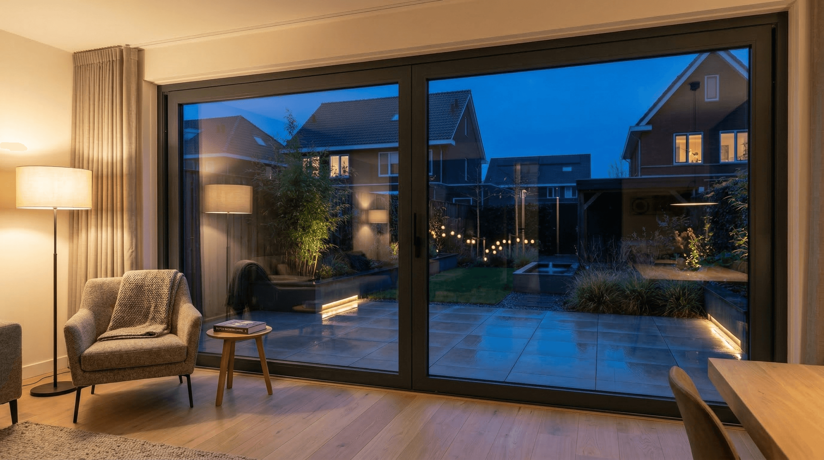 2-delige aluminium schuifpui 's avonds verlicht – sfeer vanuit interieur