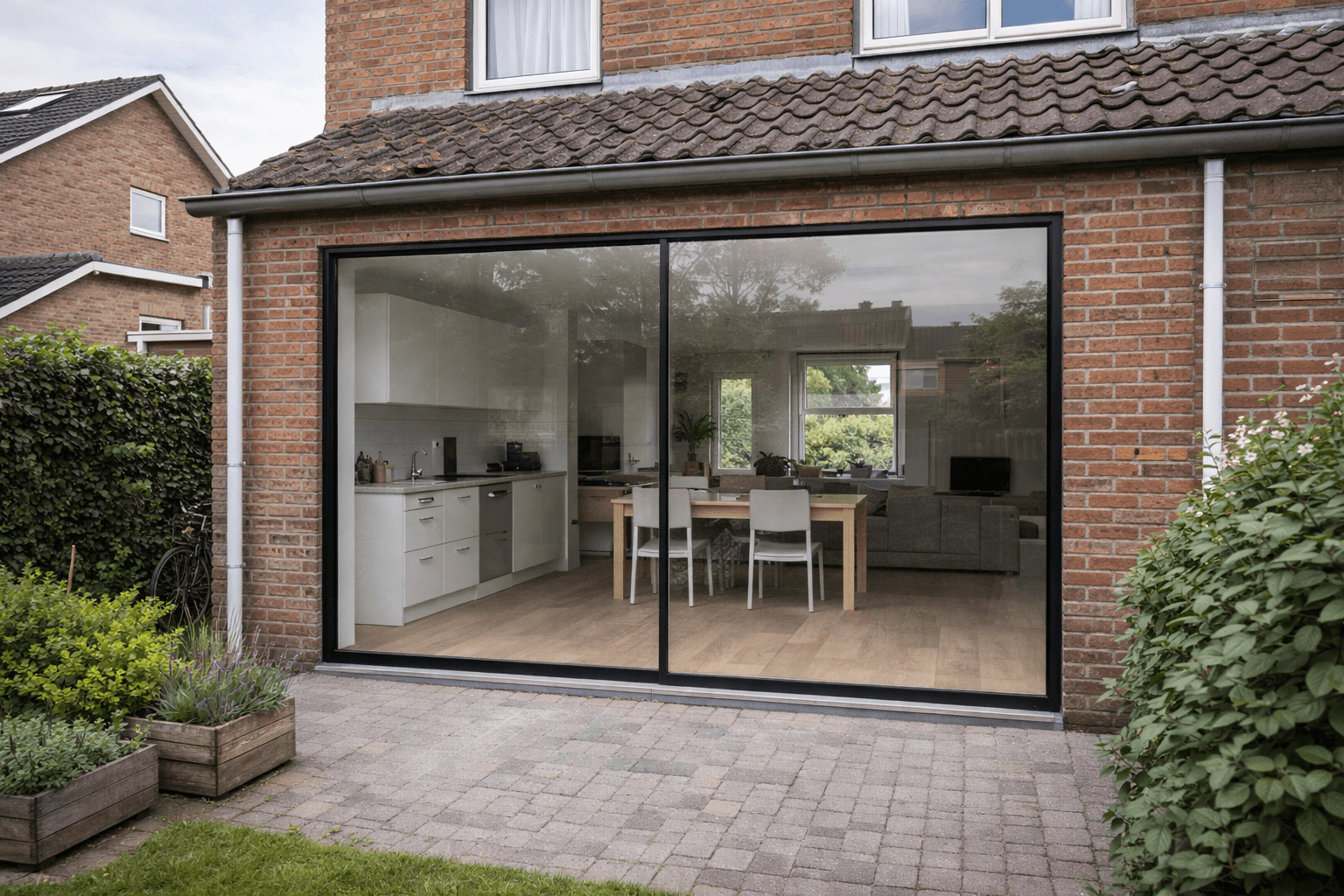 2-delige aluminium schuifpui zwart – klassieke baksteen gevel