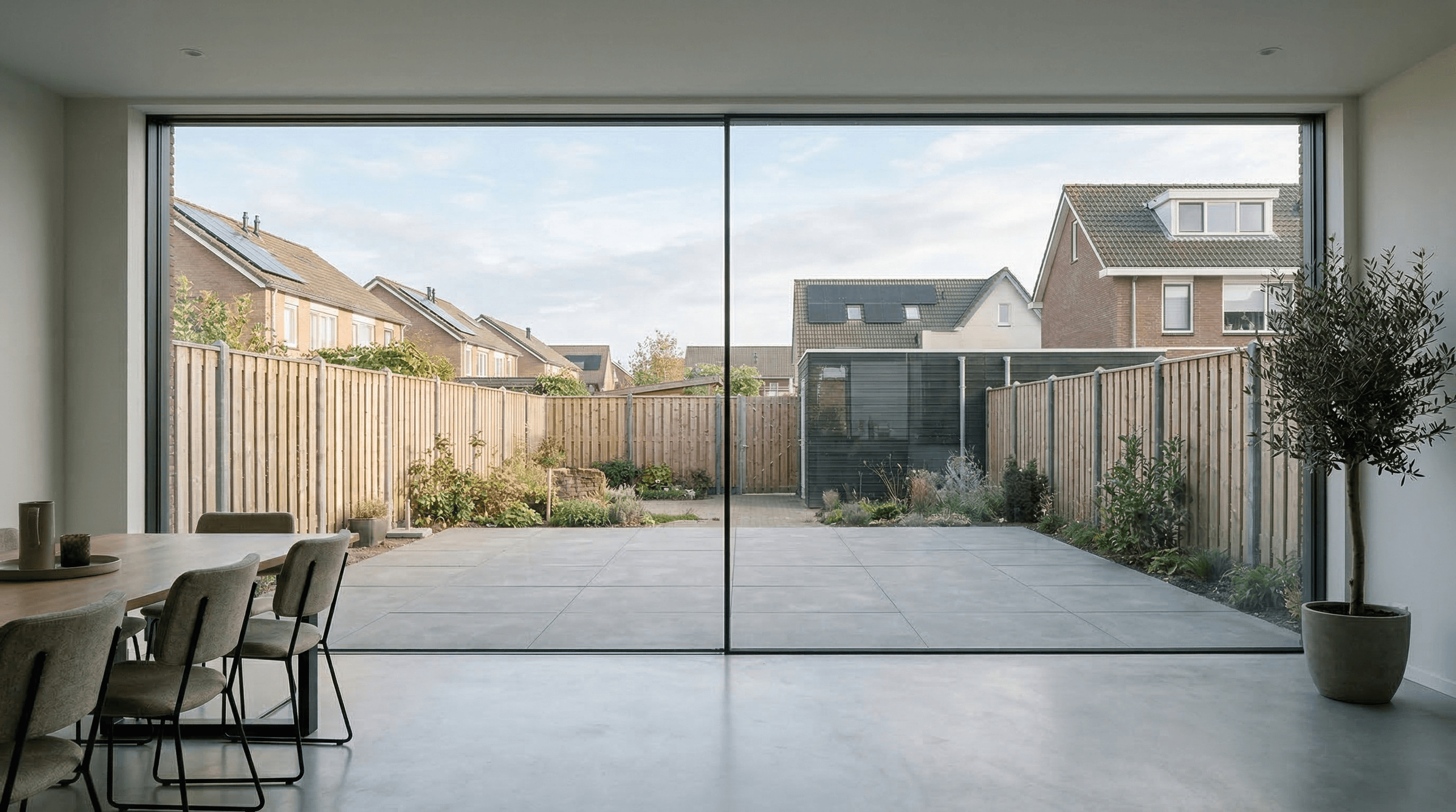 2-delige aluminium schuifpui zwart – minimalistisch interieur eethoek