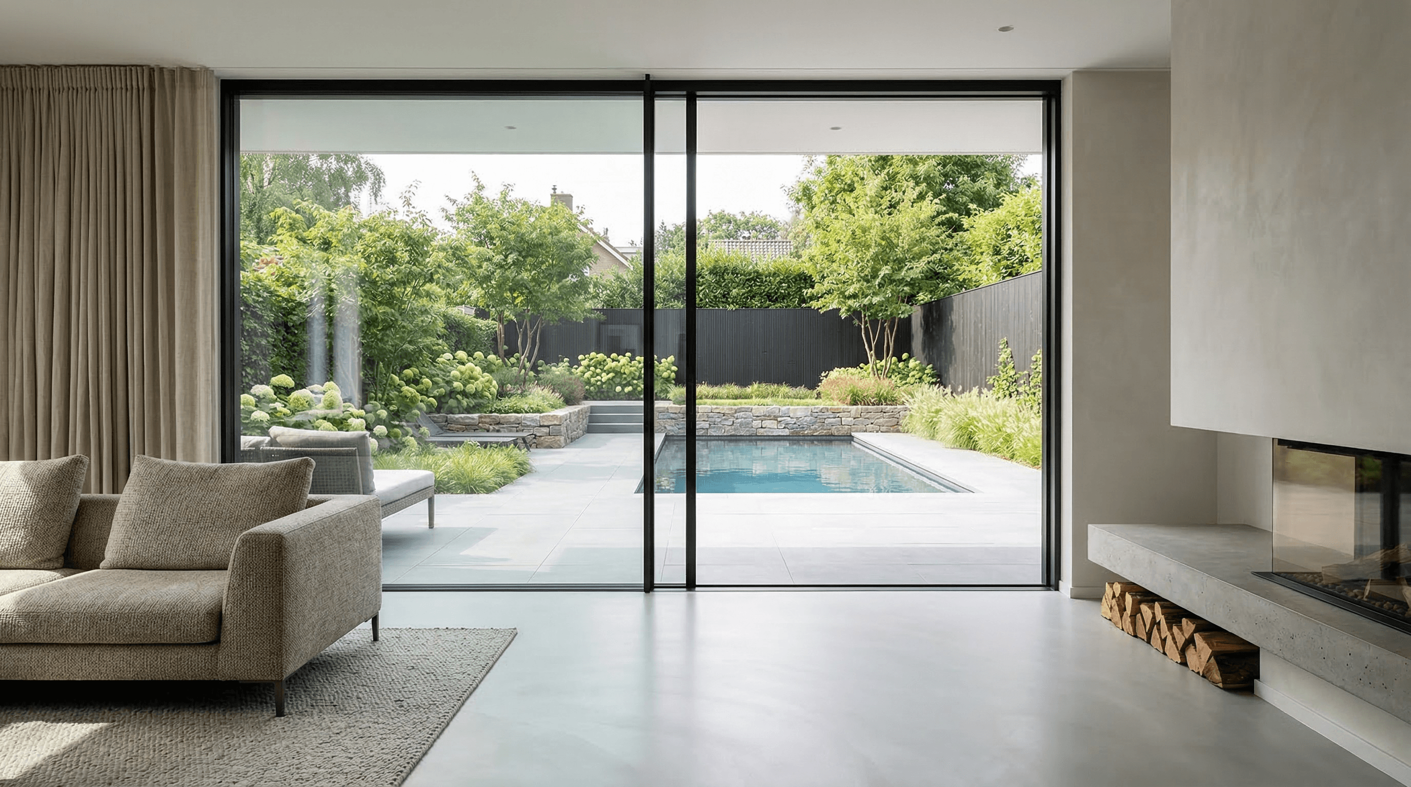 2-delige aluminium schuifpui zwart – moderne luxe woning met zwembad