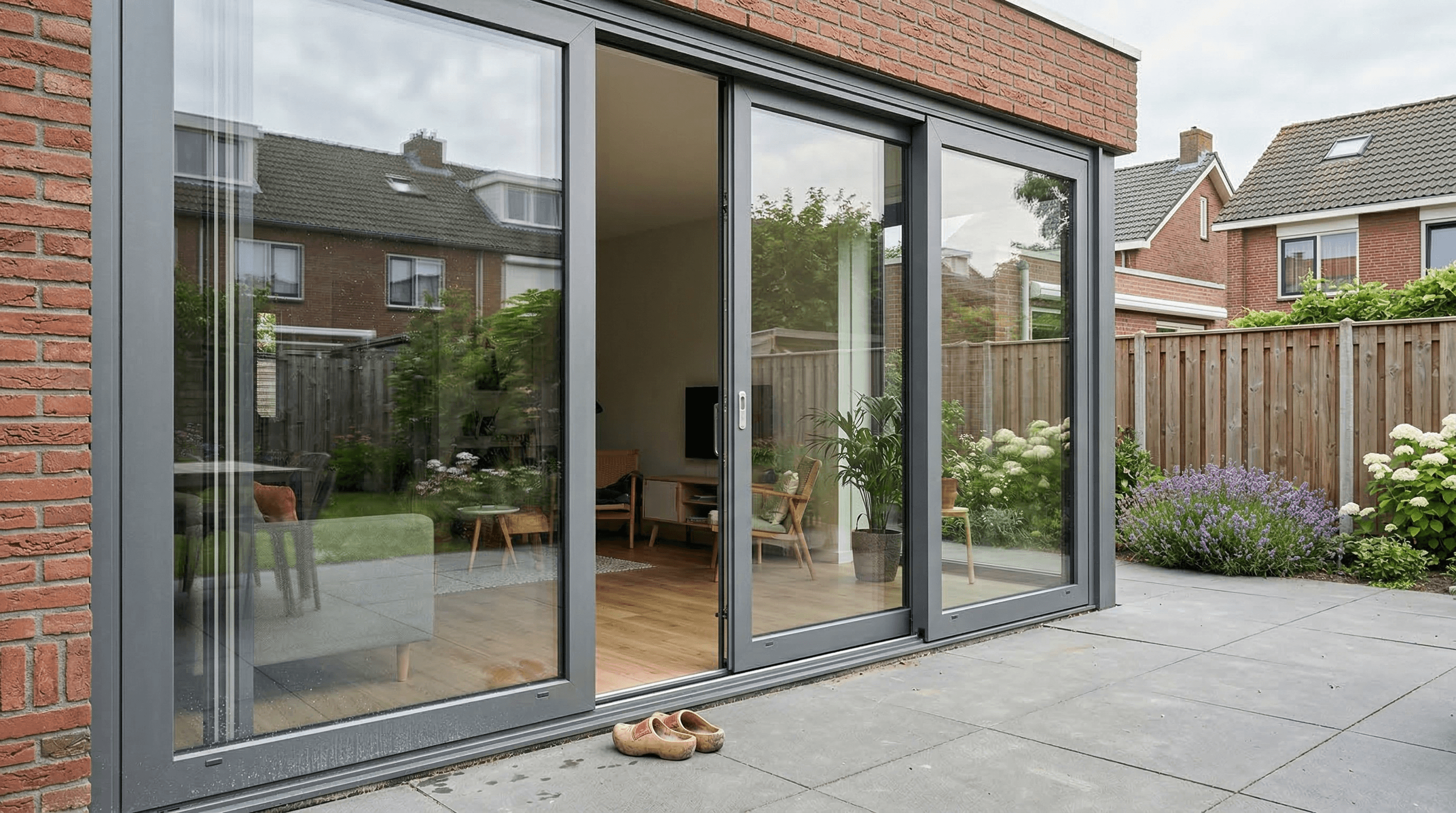 3-delige aluminium schuifpui antraciet – baksteen gevel met lavendel in tuin