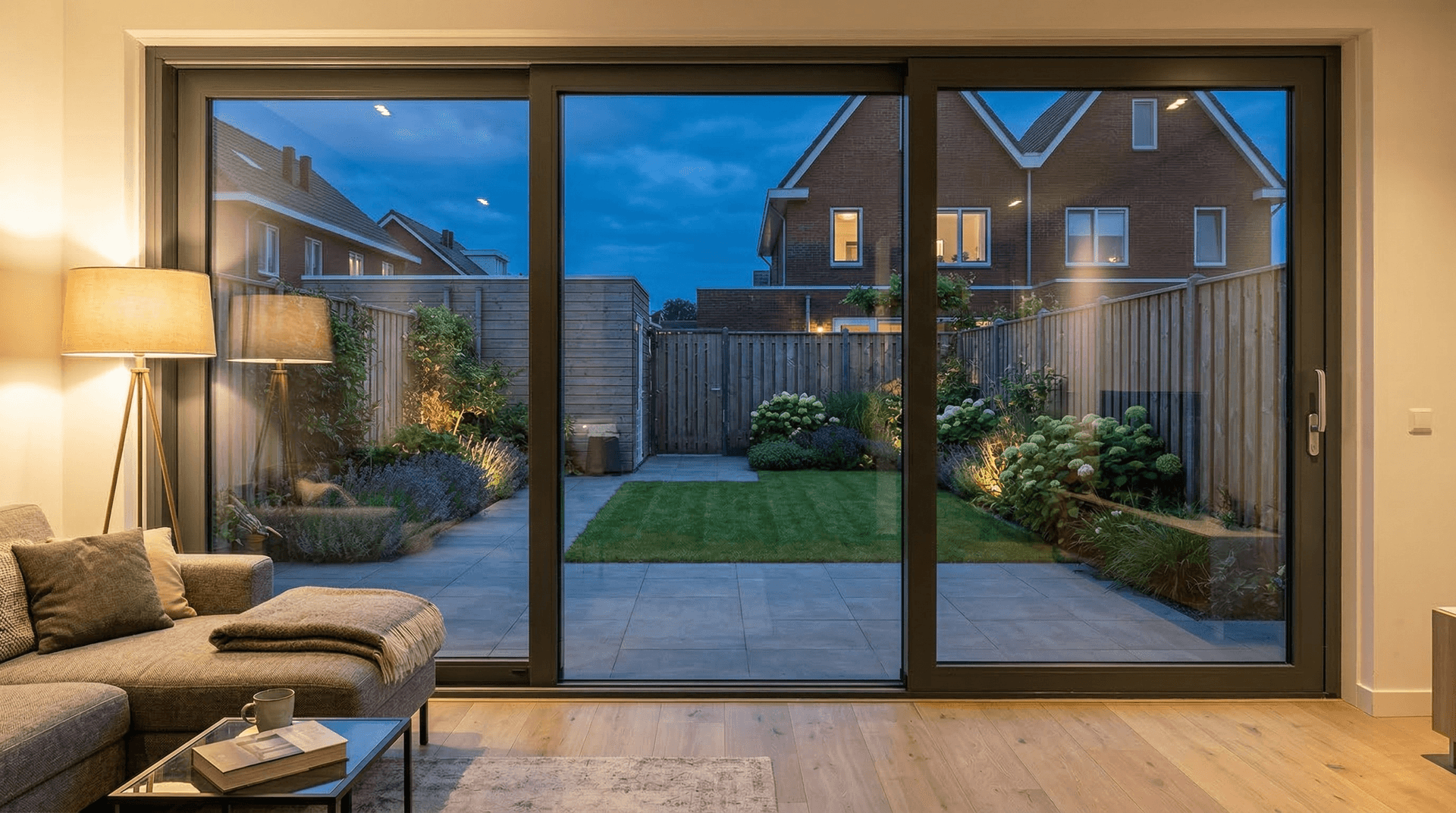 Moderne aluminium schuifpui vanuit warm verlichte woonkamer richting tuin