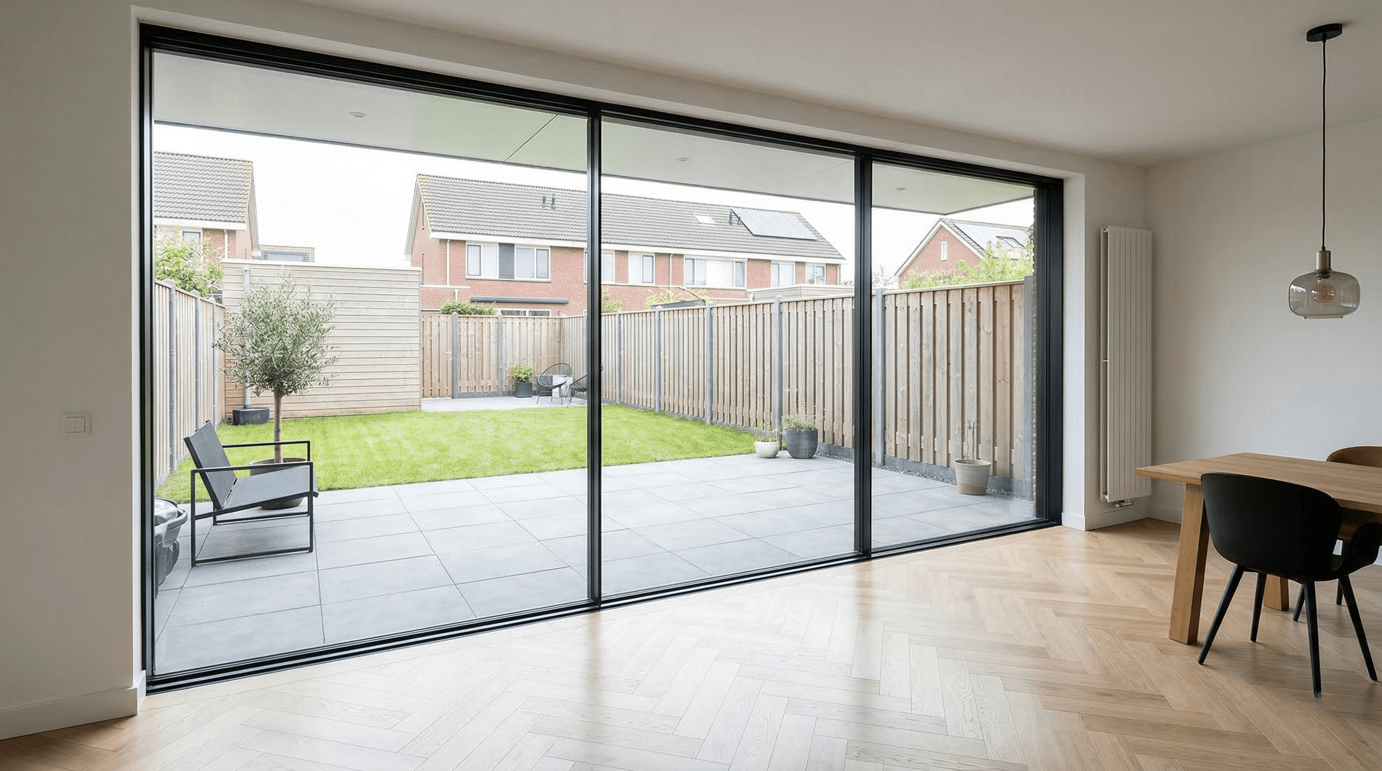 Cortizo schuifpui antraciet – interieur woonkamer met tuin