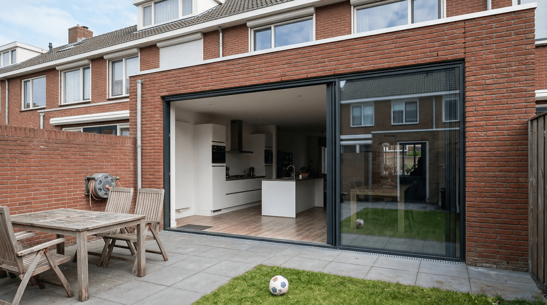 Aluminium schuifpui in rijwoning met open keuken, zicht op tuin