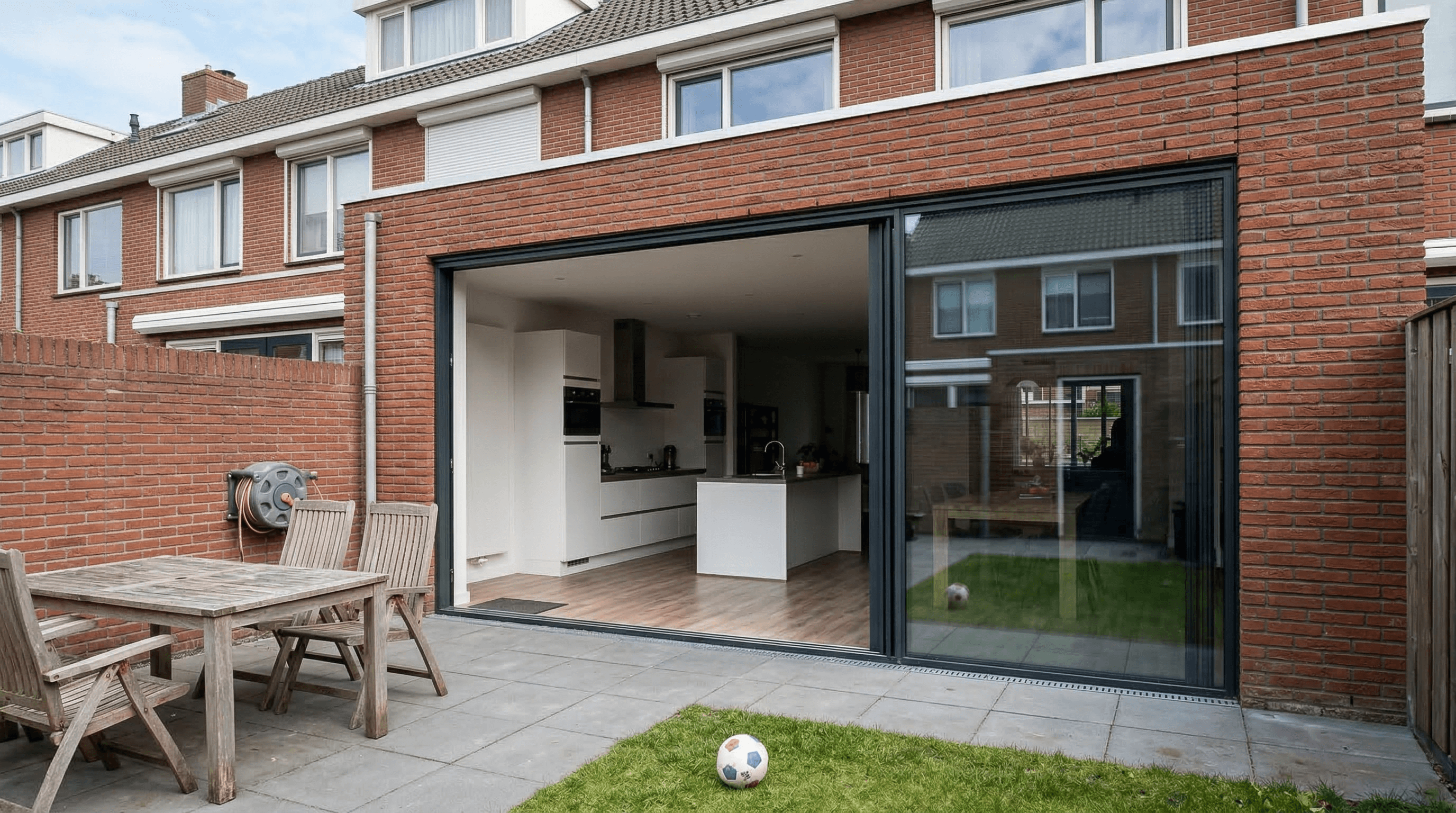 3-delige aluminium schuifpui antraciet – rijwoning met open keuken