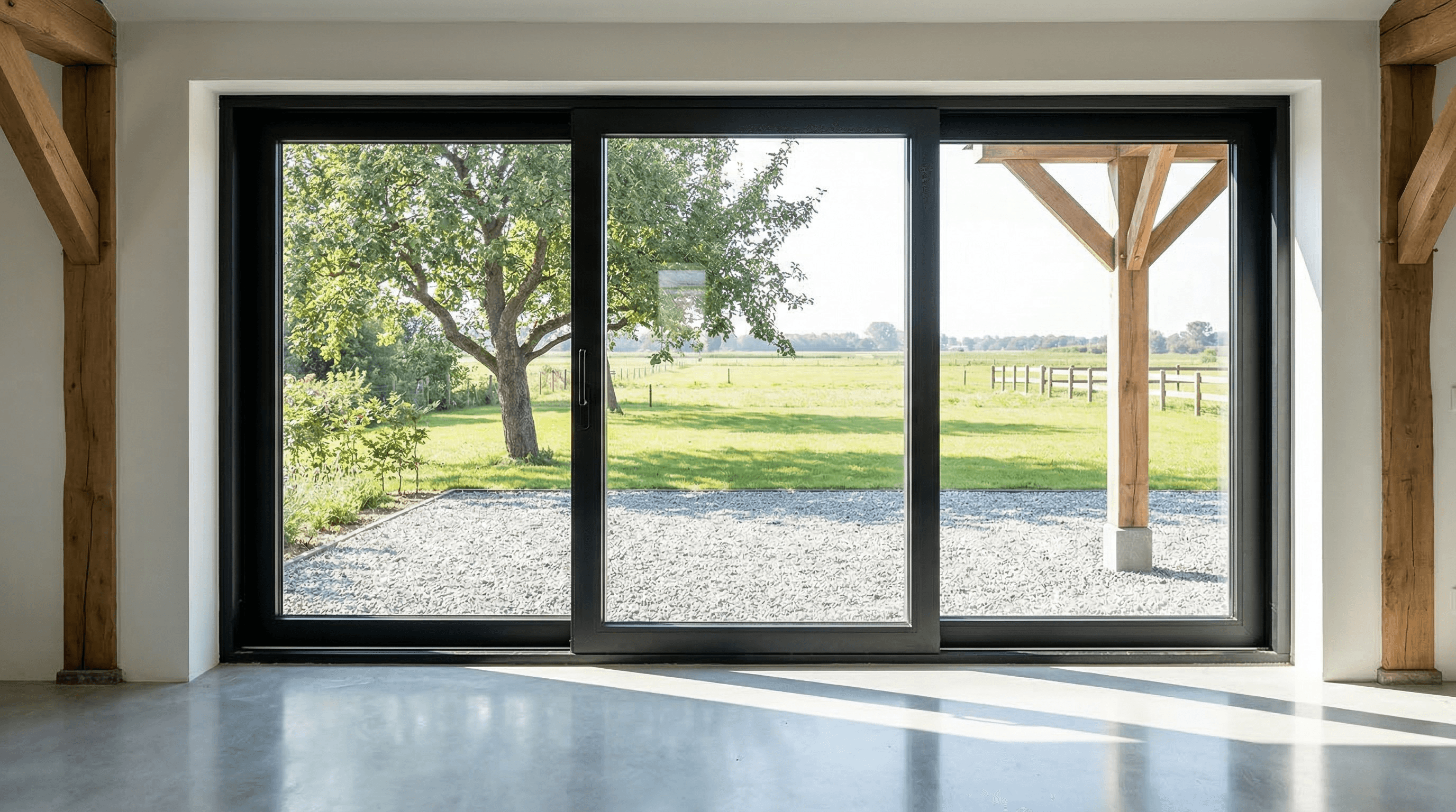 3-delige aluminium schuifpui antraciet – vrijstaande woning met hortensia