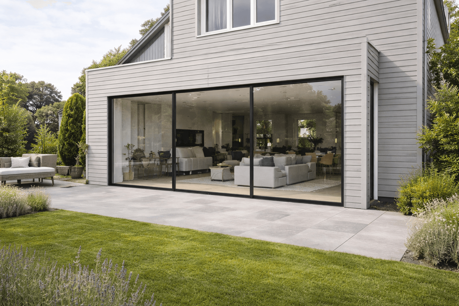 3-delige aluminium schuifpui zwart – woning met houten gevel