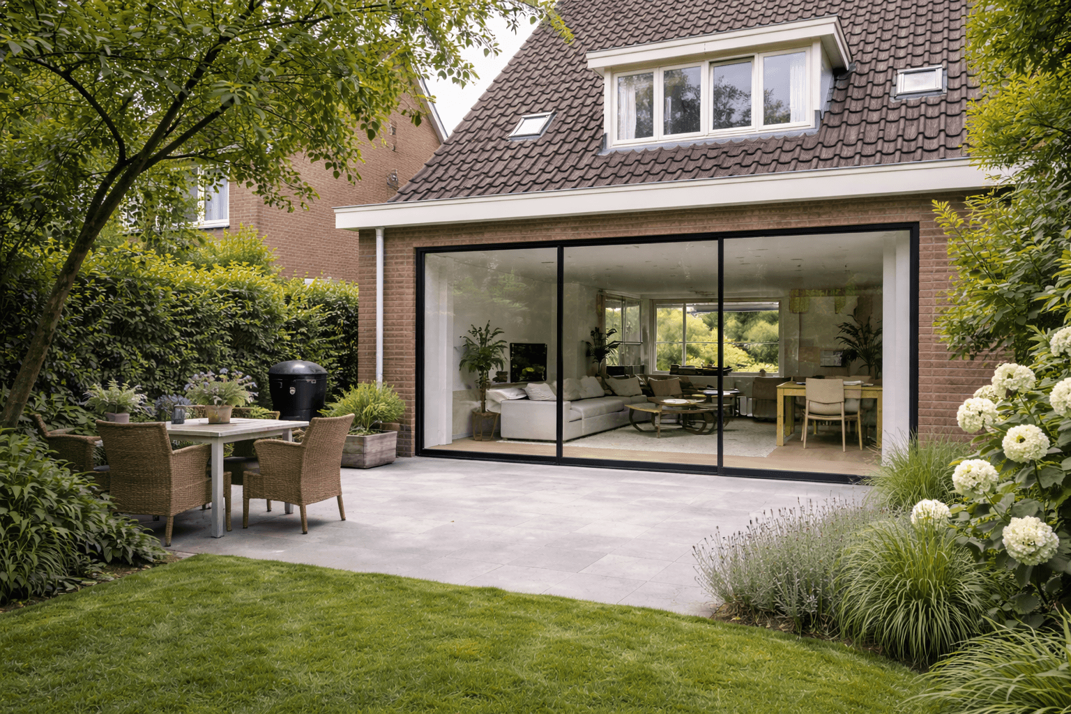 3-delige zwarte aluminium schuifpui in klassieke gevel met terras — vergunning schuifpui