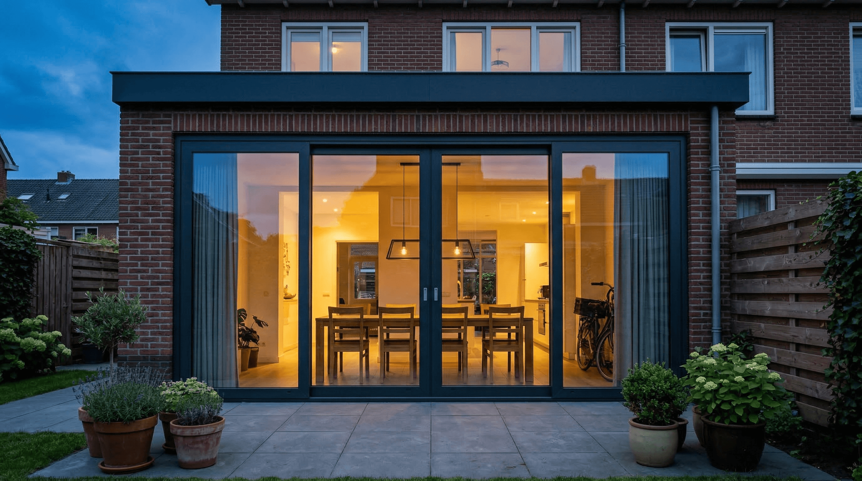 4-delige aluminium schuifpui antraciet – aanbouw warm verlicht in de avond