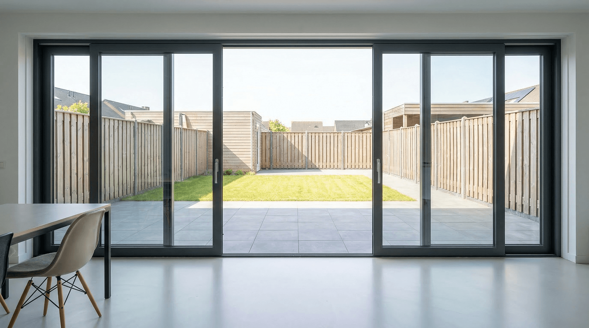 Brede aluminium schuifpui in ruime witte woonkamer met uitzicht op tuin — overzicht maten en afmetingen