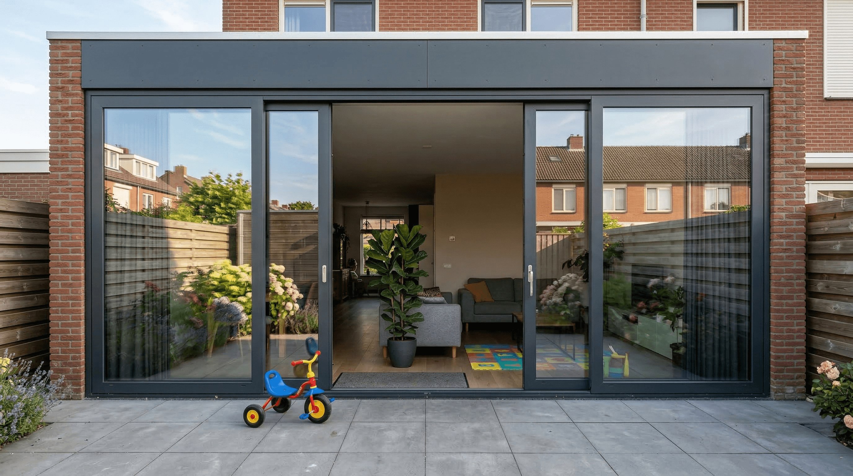 4-delige aluminium schuifpui antraciet – rijwoning met gezinstuin