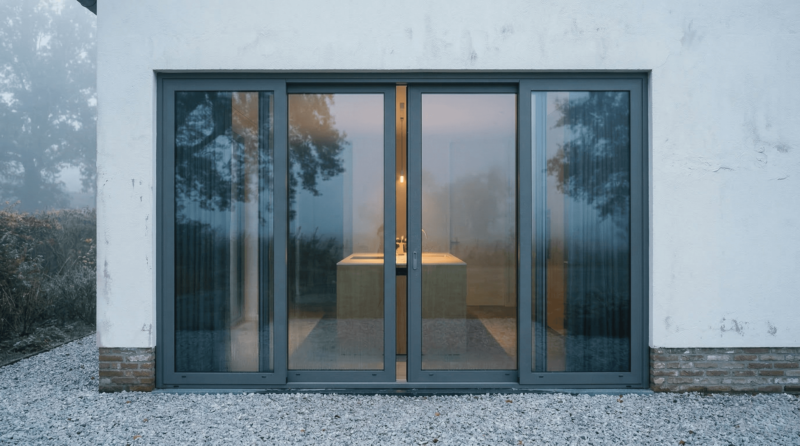 4-delige aluminium schuifpui antraciet – wit stucwerk gevel in de mist