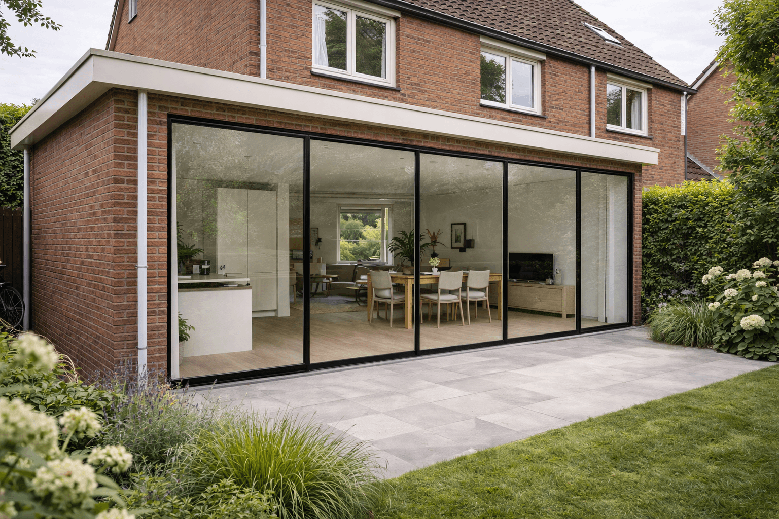 Premium aluminium schuifpui 4-delig zwart in grote uitbouw met keuken