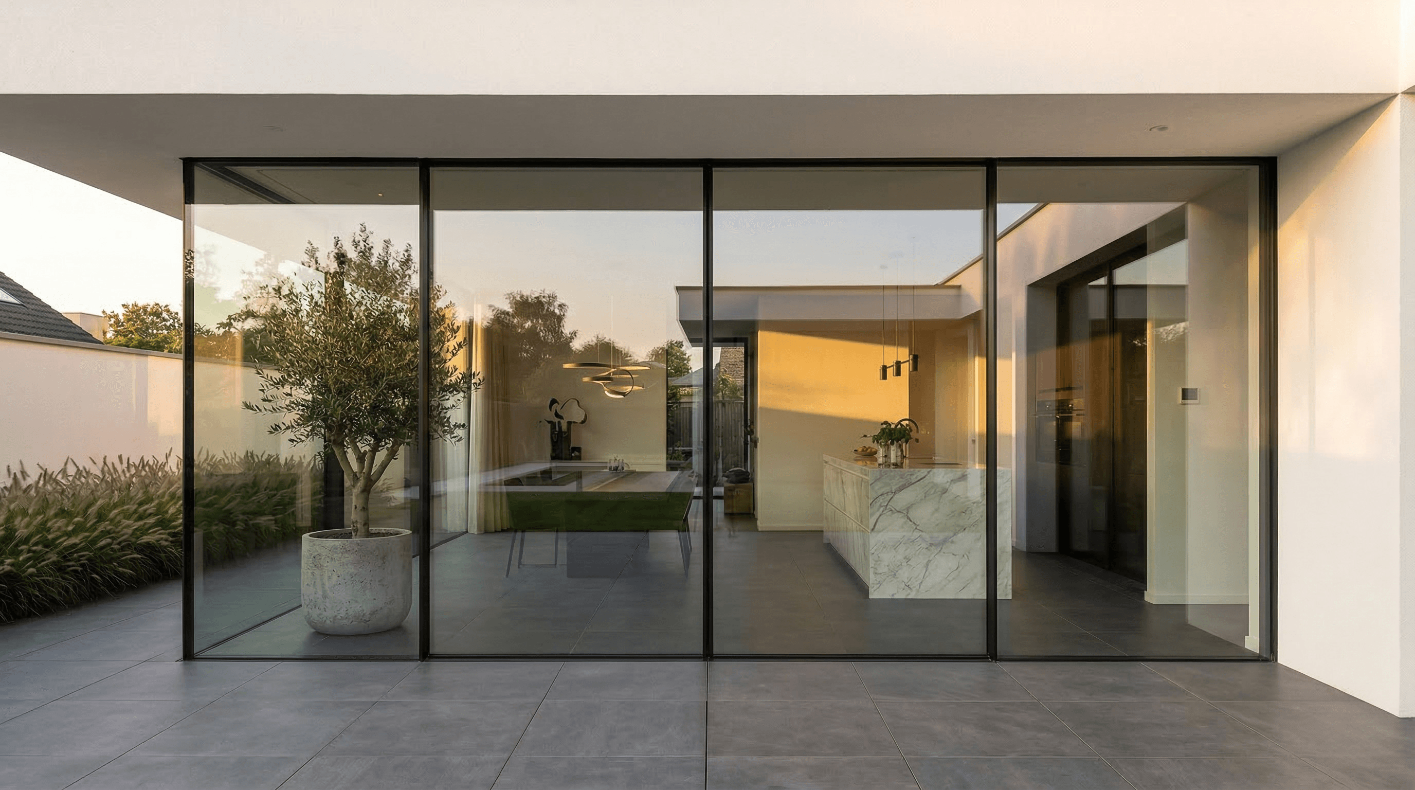 Zwarte aluminium schuifpui in villa met stucwerk – avondsfeer