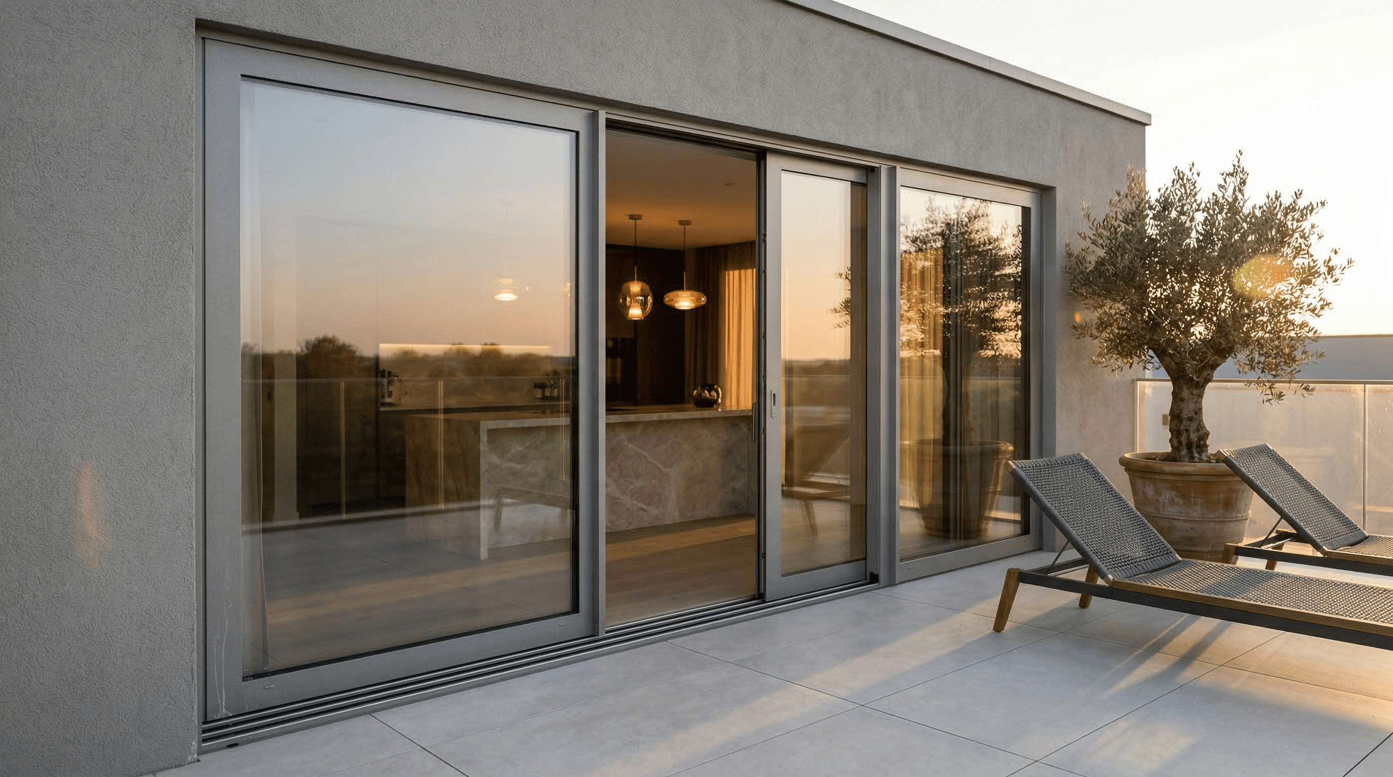 Grijze aluminium schuifpui op terras – Wassenaar