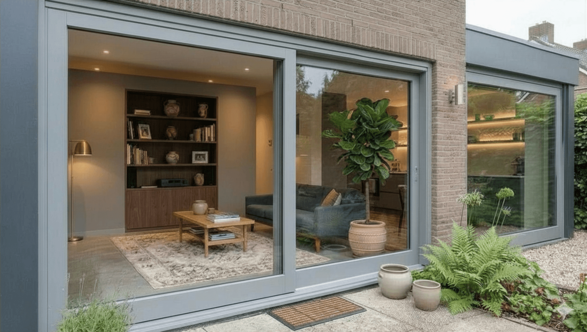 2-delige grijze schuifpui — interieur sfeerfoto