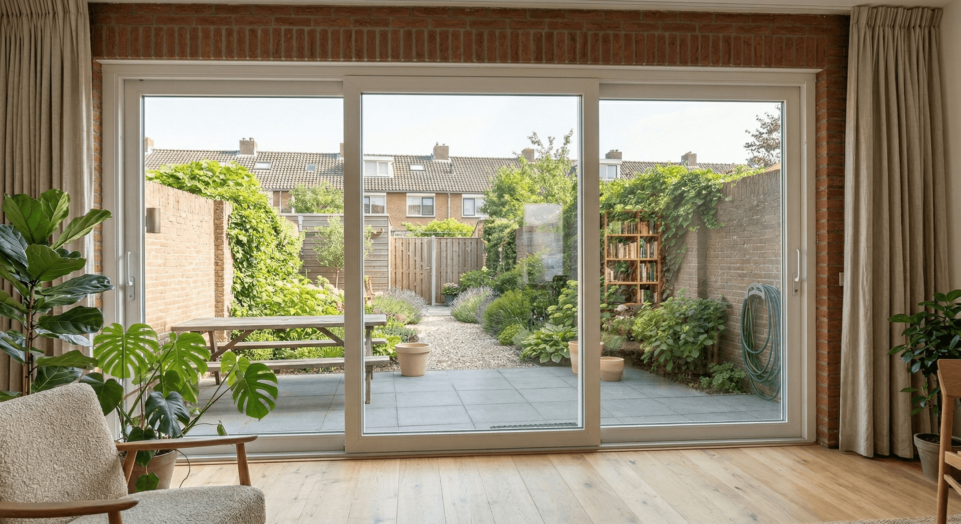 3-delige witte schuifpui vanuit binnen — interieur