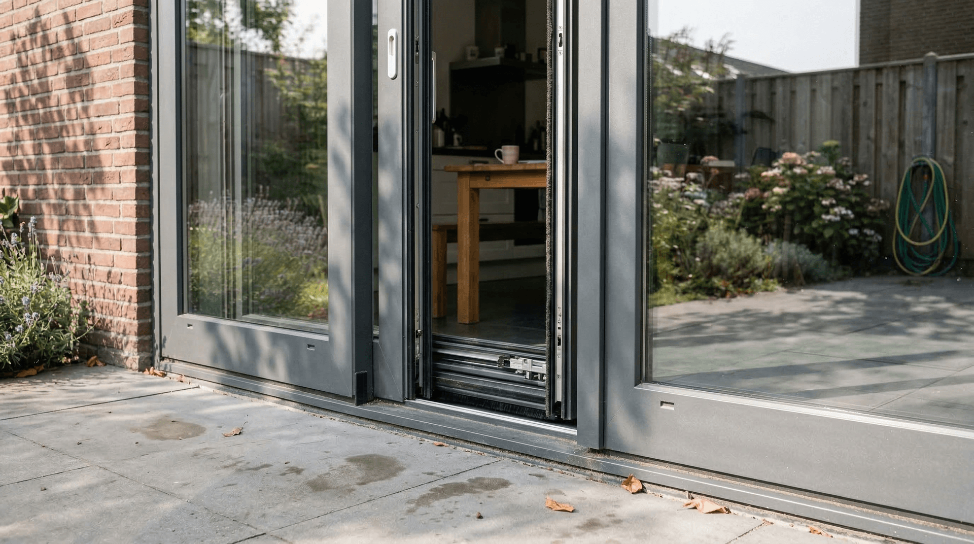 Detail rail en drempel antraciet schuifpui