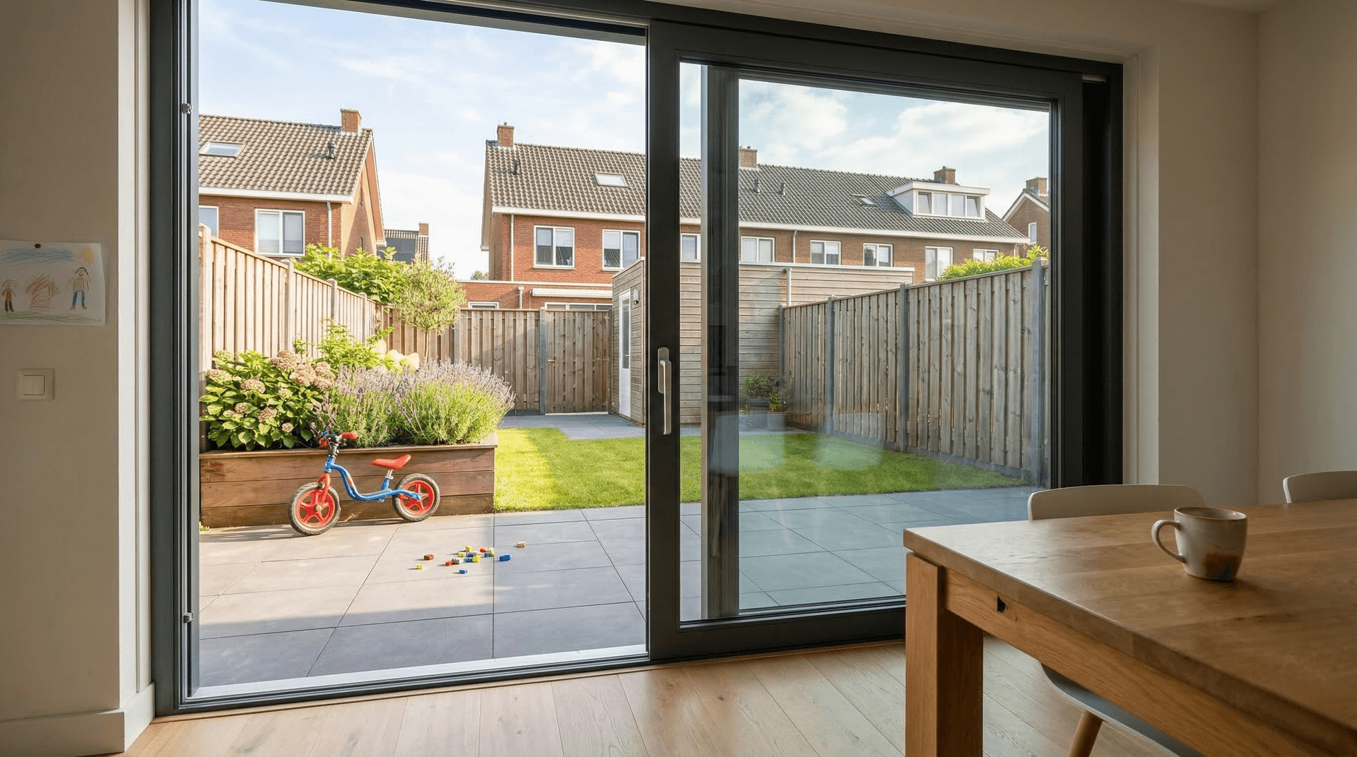 Aluminium schuifpui antraciet in eetkamer met uitzicht op kindertuin — vergelijking aluminium vs hout