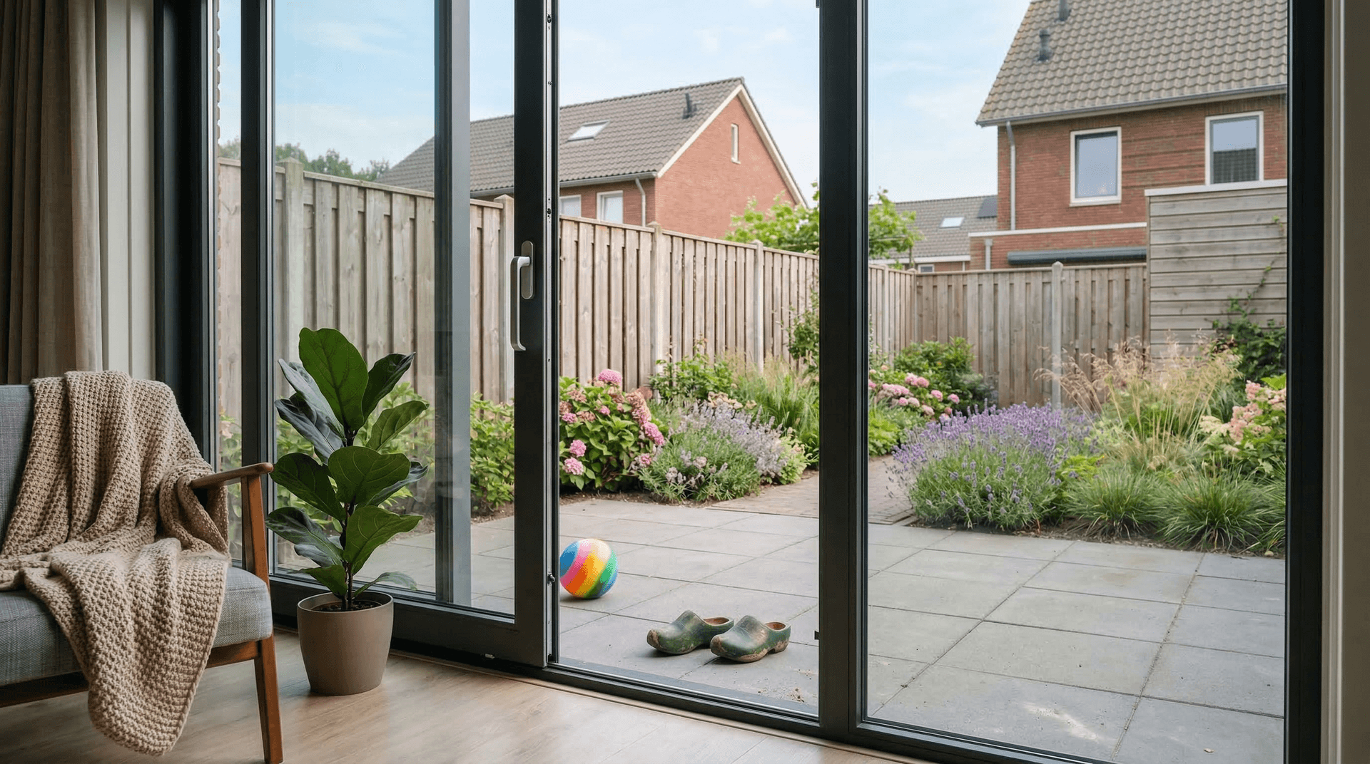 2-delige aluminium schuifpui antraciet woonkamer bloementuin