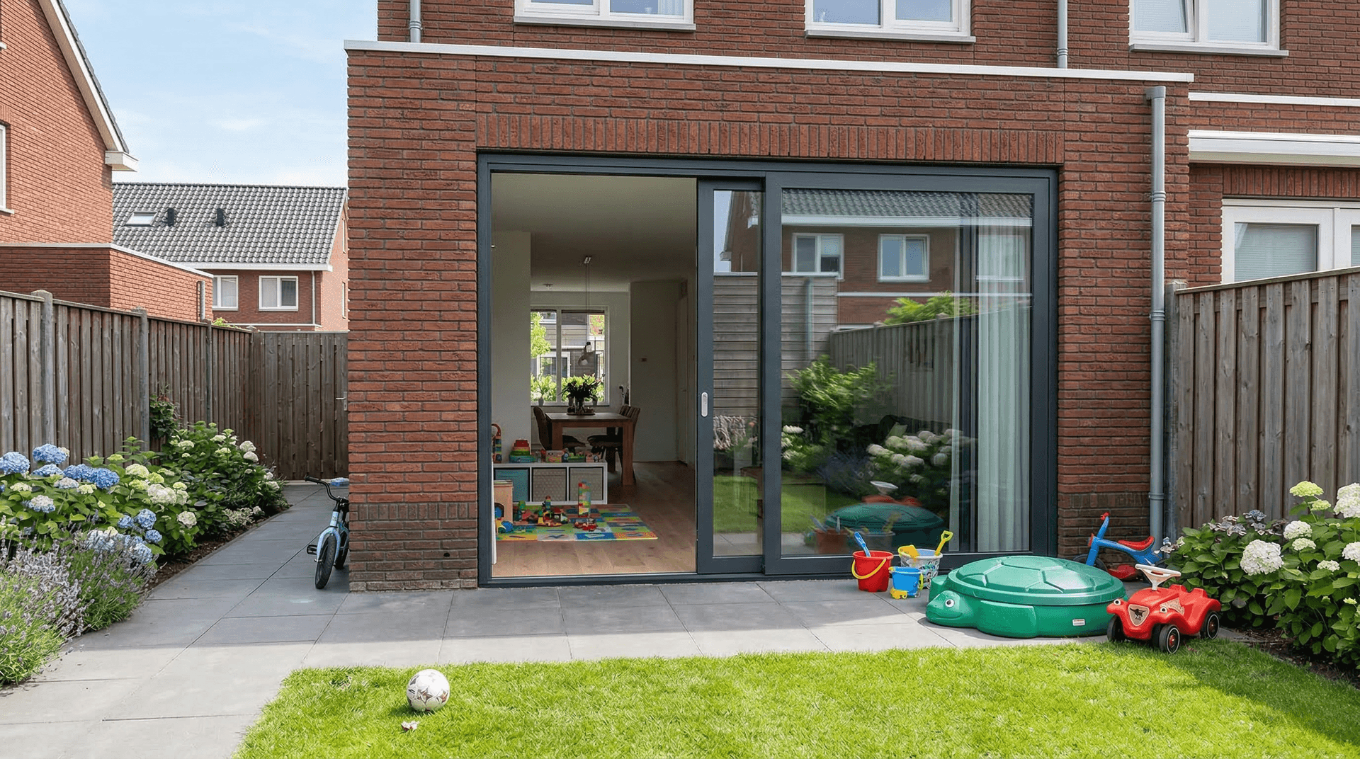 Rijwoning in Leiden met aluminium schuifpui antraciet