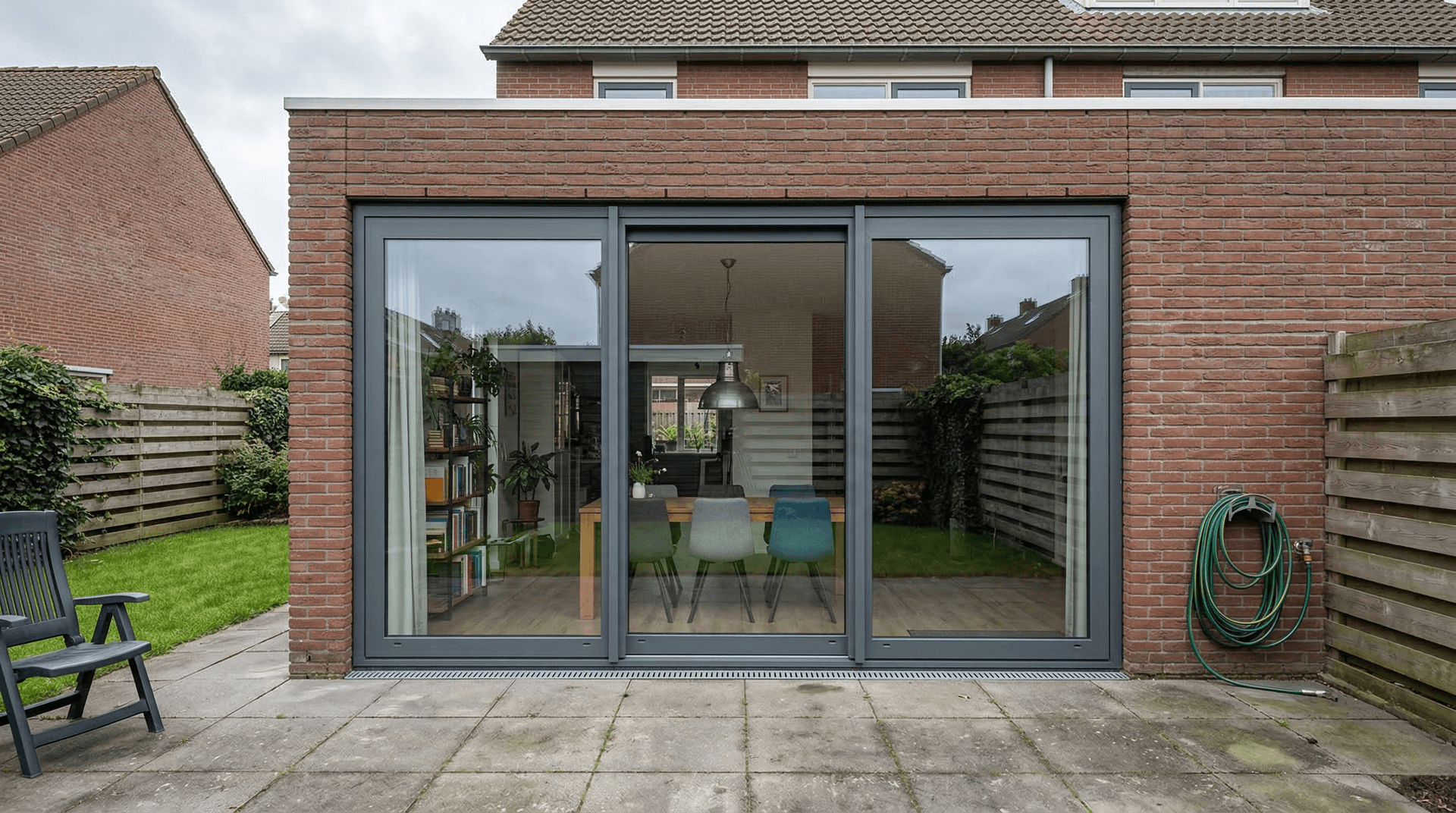 3-delige aluminium schuifpui antraciet aanbouw baksteen