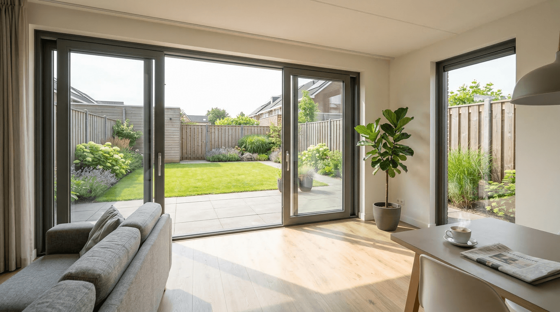 Antraciet schuifpui vanuit lichte woonkamer naar tuin – Utrecht