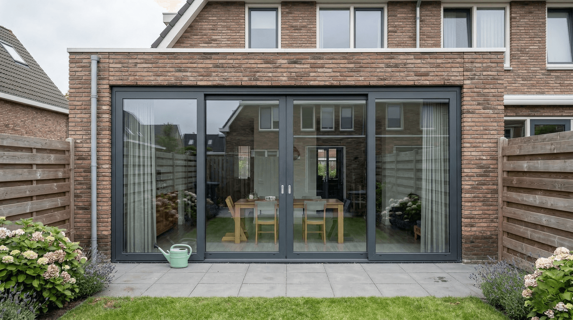 3-delige antraciet aluminium schuifpui in de achtergevel van een rijwoning — geplaatst na een muurdoorbraak