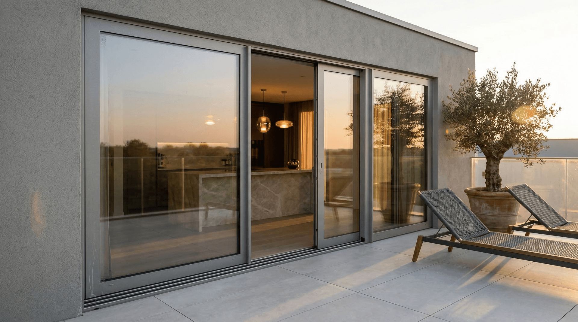 3-delige zilvergrijze aluminium schuifpui op een dakterras van een appartement bij zonsondergang