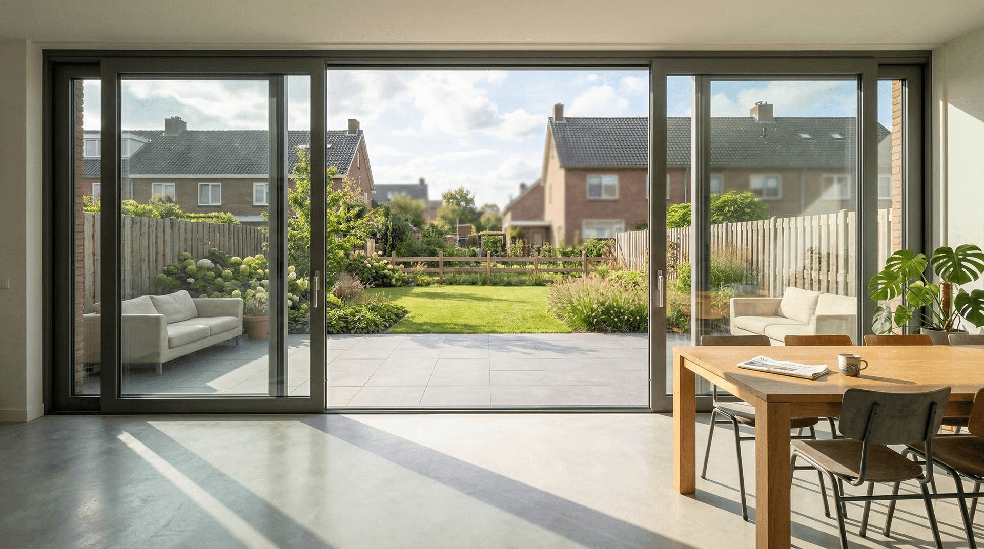 4-delige aluminium schuifpui antraciet – interieur met betonvloer landelijke stijl