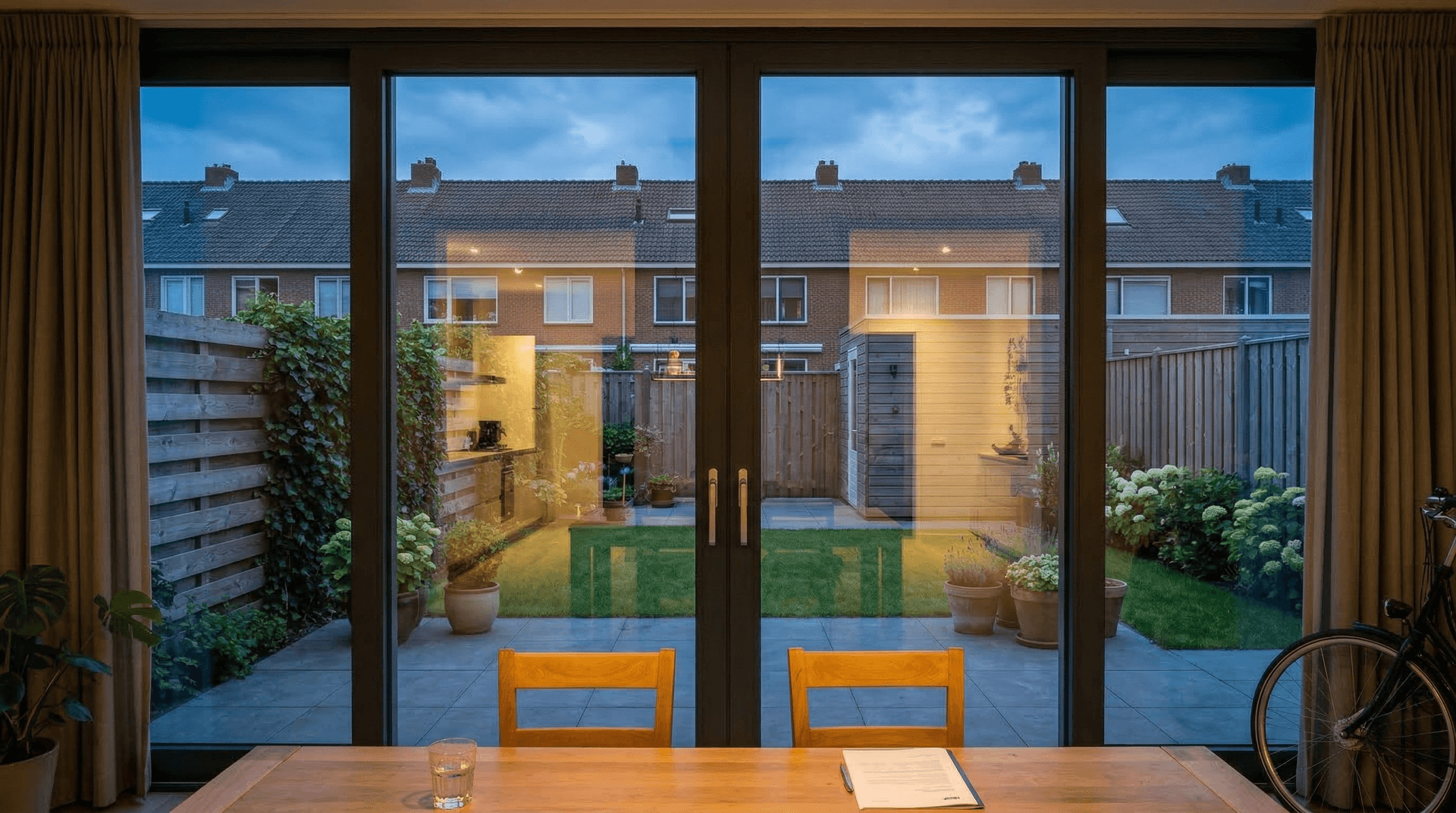Antraciet aluminium schuifpui vanuit eethoek naar tuin – avondsfeer