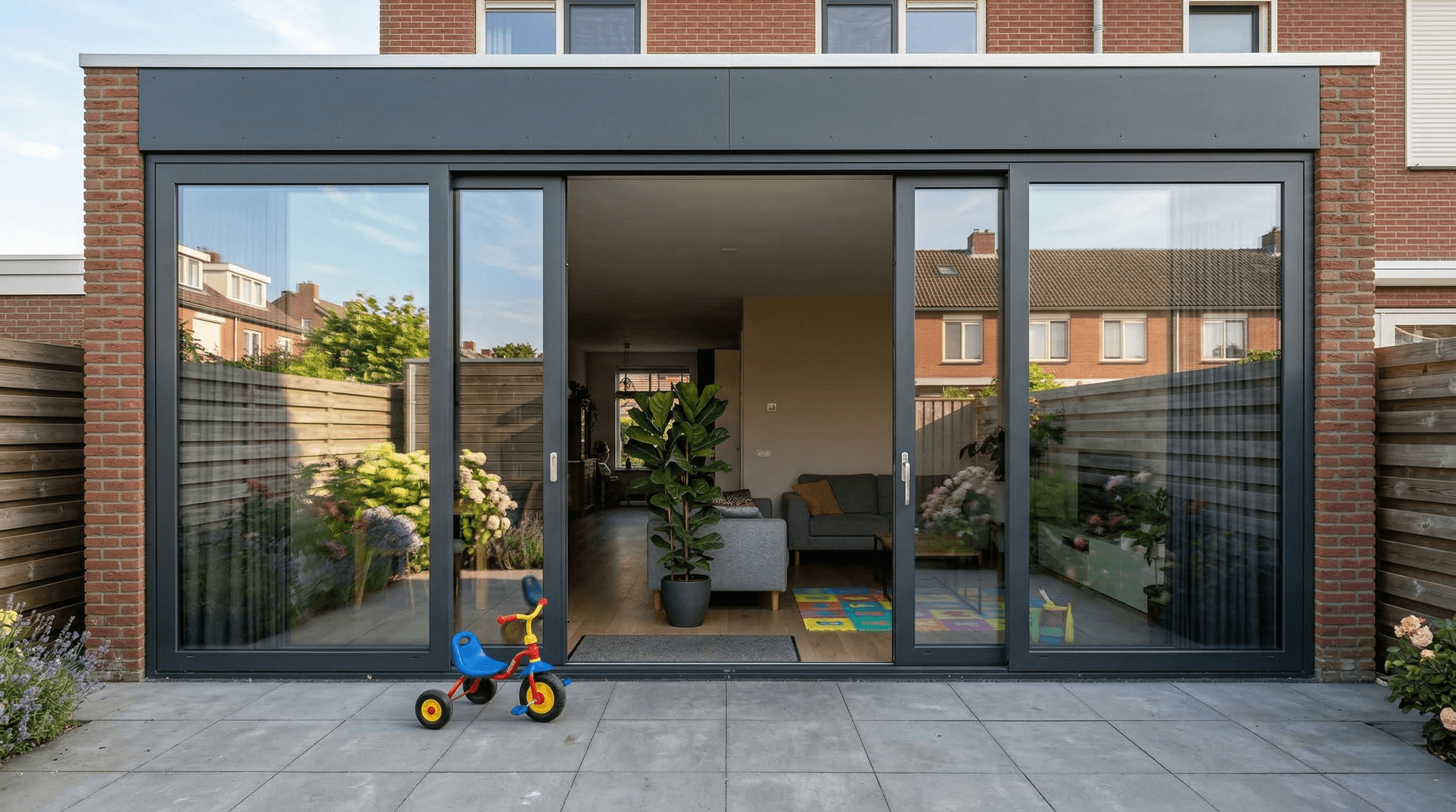4-delige aluminium schuifpui antraciet rijwoning met tuin