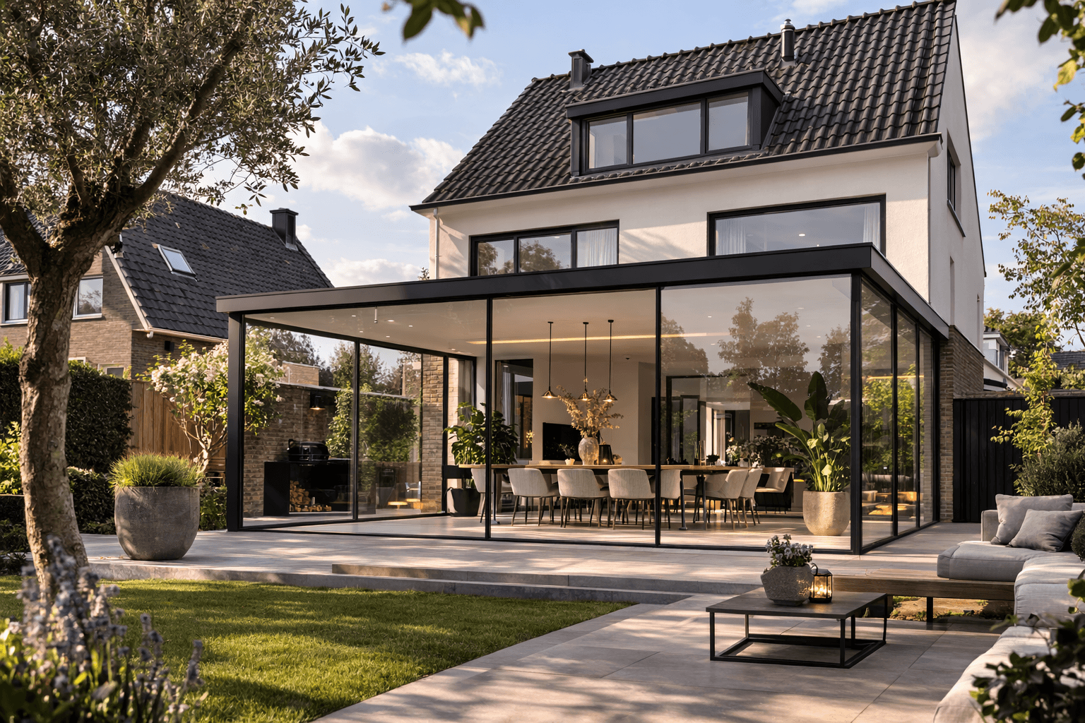 Strak zwart tuinkamer design met schuifpui