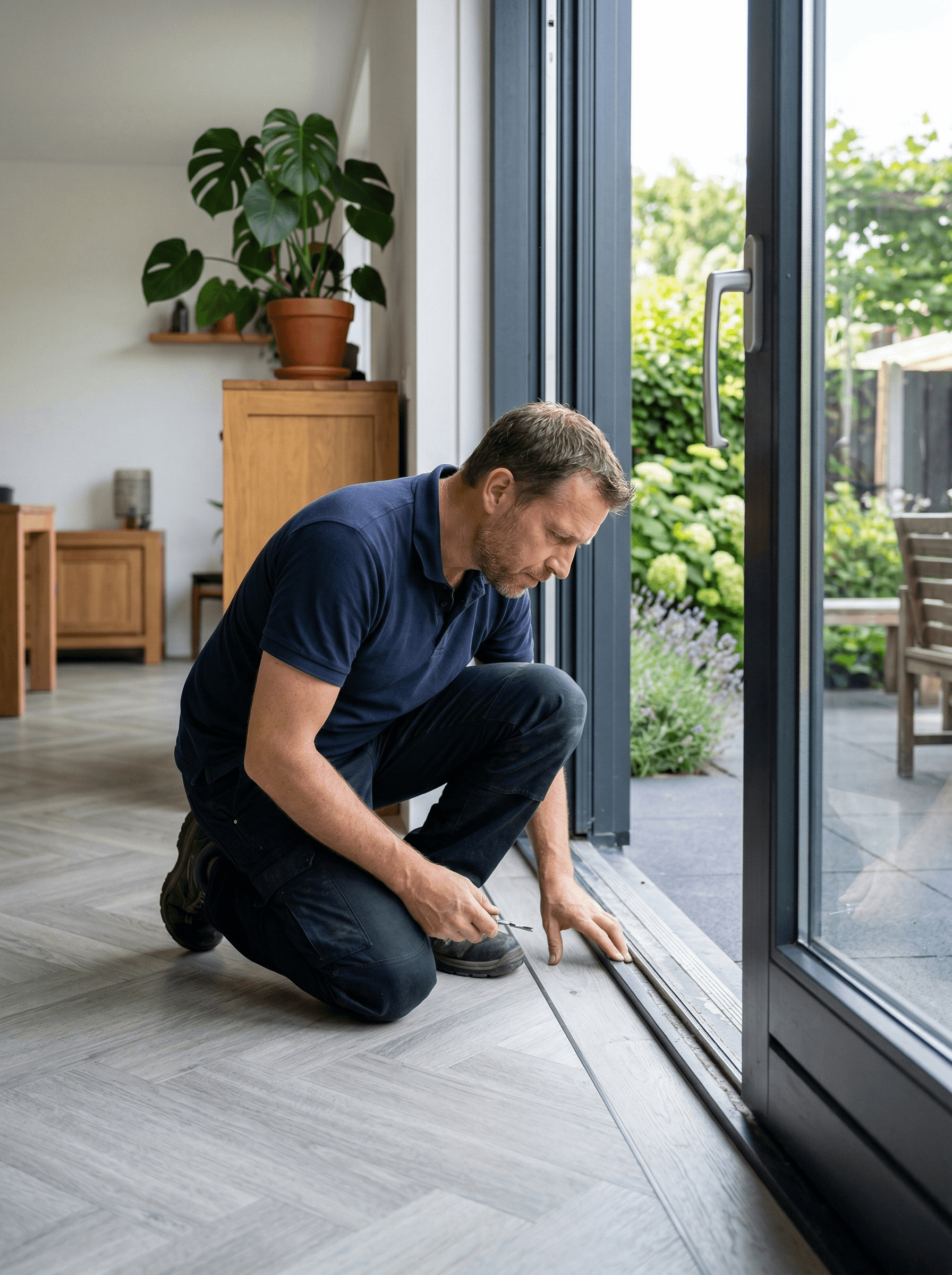 Monteur inspecteert aluminium schuifpui na plaatsing