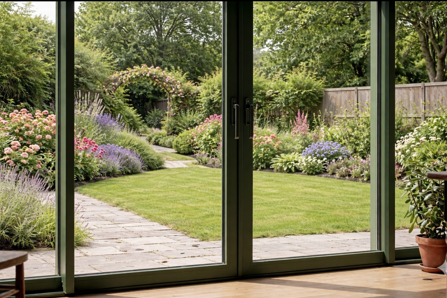 Detail groene schuifpui vanuit binnen — profiel dennengroen